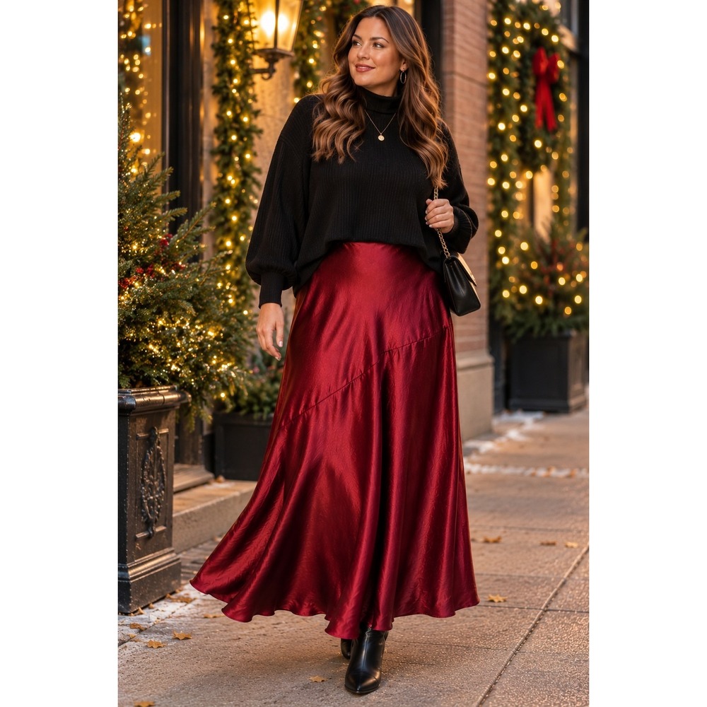 Simply Vera Vera Wang XXL Burgundy Satin Maxi Skirt Flowy Holiday Formal